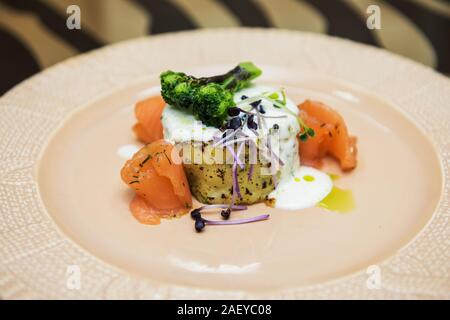 Potato casserole with broccoli and salmon Stock Photo