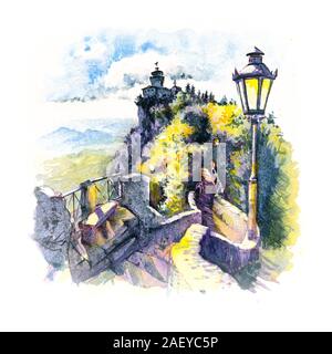 Watercolor sketch of Guaita fortress or Prima Torre on the ridge of Mount Titano, in the city of San Marino of the Republic of San Marino at sunset Stock Photo