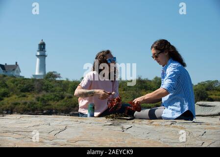 A real lobster bake on the rocky coast of Maine. Stock Photo