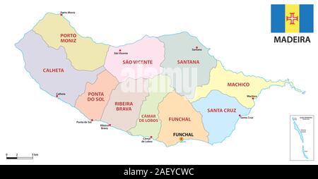 Administrative map of the Portuguese island of Madeira with flag Stock Vector