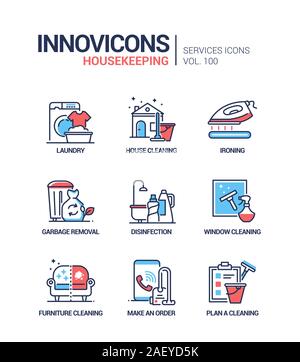 Housekeeping services - vector line design style icons set Stock Vector