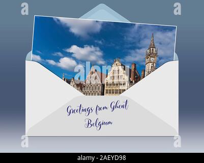An opened envelope with a photo and the caption Greetings from. View from the Korenlei over the river Lys to the historic houses of Graslei. In the ba Stock Photo
