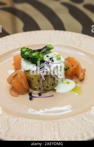 Potato casserole with broccoli and salmon Stock Photo