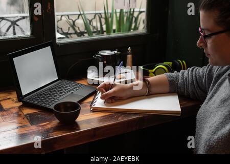 Young student is studying in a coffee shop with her laptop Stock Photo