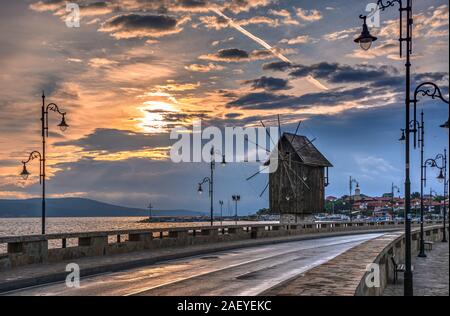 Nessebar, Bulgaria – 07.10.2019.  Old windmill on the way to the ancient city of Nessebar in Bulgaria Stock Photo