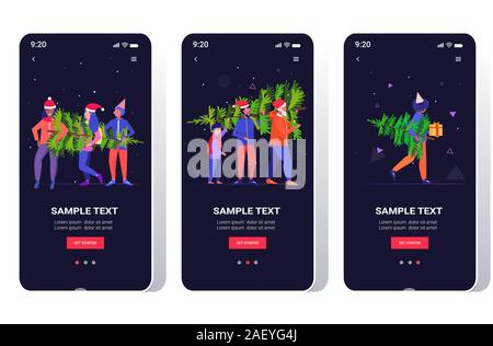 people carrying freshly cut down christmas tree winter holidays celebration concept smartphone screens set online mobile app horizontal full length vector illustration Stock Vector