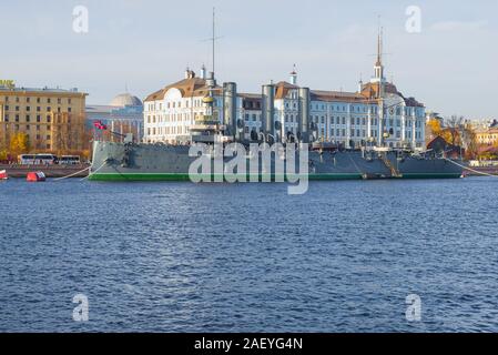 ST. PETERSBURG, RUSSIA - OCTOBER 25, 2019: View of the cruiser 'Aurora' on a October sunny day Stock Photo
