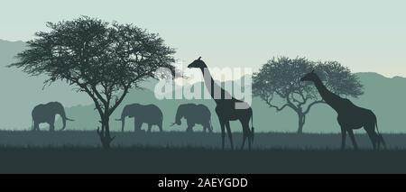 Realistic illustration of African landscape and safari. Elephant with giraffe on savanna among trees on clear summer day under green sky - vector Stock Vector