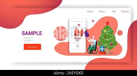 santa claus from smartphone screen giving present gift box to disabled man on wheelchair online mobile app merry christmas happy new year holiday celebration concept horizontal full length vector illustration Stock Vector