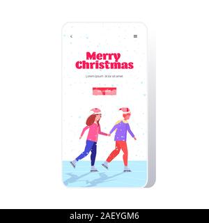 couple skating on ice rink winter sport activity merry christmas new year holidays concept man woman in santa hats spending time together smartphone screen online mobile app full length vector illustration Stock Vector