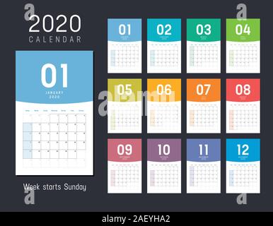 Year 2020 monthly desk calendar. Week starts Sunday. Vector template. Stock Vector