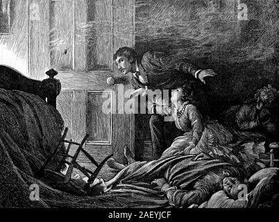 Couple waits in a doorway to make sure it's safe to leave the room. Dark drama. Vintage drawing, line art, engraved. Illustration Stock Photo