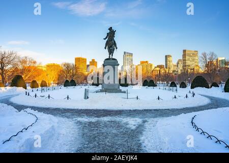 George Washington statue in Boston public garden at winter Stock Photo