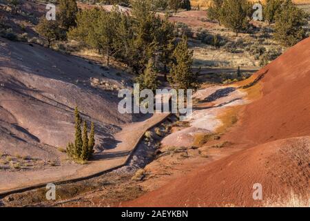 Wooden walkway between the mounds of earth cracked red at Painted Cove Trail in Painted Hills Stock Photo