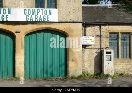 Closed, Vacant & Abandoned Village Garage, Filling Station & Old Petrol Pump at Long Compton Warwickshire England UK Stock Photo