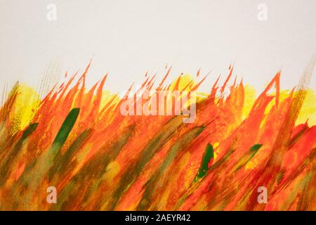red, orange, yellow,  and green watercolor abstract background painted with wide vertical brush strokes on white art canvas (self made) Stock Photo