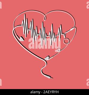 Earphones heart soundwave concept on light red Stock Vector