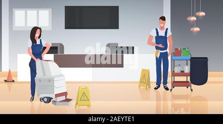 couple cleaners vacuum cleaner happy man woman janitors in uniform floor care cleaning service concept modern business center lobby interior horizontal full length vector illustration Stock Vector