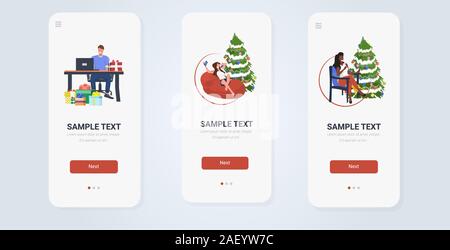 set mix race people celebrating merry christmas happy new year winter holidays concept smartphone screens collection online mobile app full length horizontal vector illustration Stock Vector