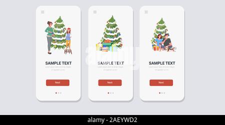 set mix race people celebrating merry christmas happy new year winter holidays concept smartphone screens collection online mobile app full length horizontal vector illustration Stock Vector