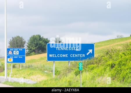 Bristol, USA - April 19, 2018: Welcome Center exit and gas station sign on highway in Virginia on interstate 381 and Tennessee text Stock Photo