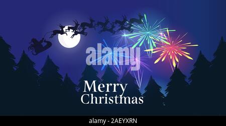 santa flying in sleigh with reindeers festive colorful fireworks salute in night sky over snowy pine forest merry christmas happy new year winter holidays concept greeting card horizontal vector illustration Stock Vector