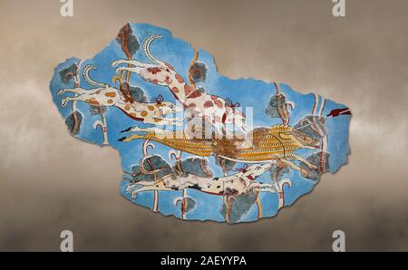 Mycenaean Fresco wall painting of a Wild Boar Hunt from the Tiryns, Greece. 14th - 13th Century BC. Athens Archaeological Museum. Stock Photo