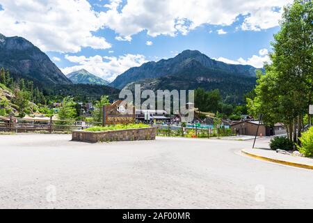 Ouray, USA - August 14, 2019: Colorado city small town in San Juan mountains wide angle view of entrance to hot springs park Stock Photo