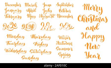 Big vector handdrawn calligraphic monthly set with months, year 2020, seasons and days of week. Merry Christmas and happy new year. For schedule, diar Stock Vector