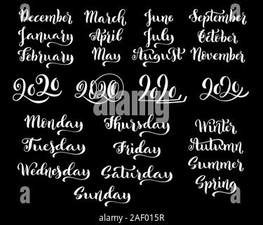 Big vector handdrawn calligraphic monthly set with months, year 2020 and days of week. Brush calligraphy, hand lettering. For schedule, diary, journal Stock Vector