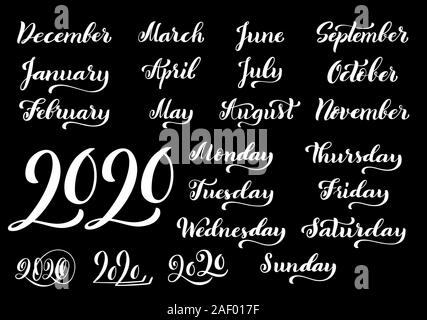 Big vector handdrawn calligraphic monthly set with months, year 2020 and days of week. Brush calligraphy, hand lettering. For schedule, diary, journal Stock Vector