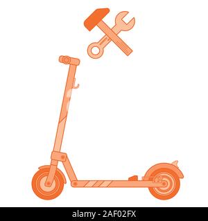 Electric scooter repair sign on a white background drawn in a flat style painted in orange gradations Stock Vector