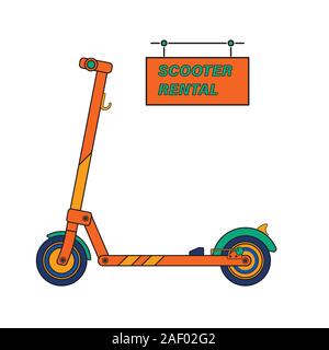 Electric scooter rental sign drawn in a flat style. Stock Vector