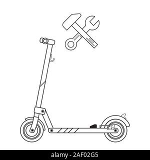 Motorized scooter repair sign on a white background drawn in lineart style Stock Vector