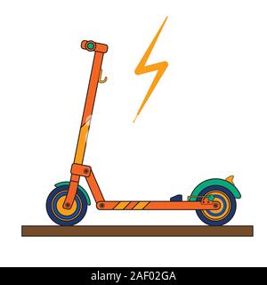 Modern electric kick scooter on a white background drawn in a flat style with a lighting sign. Stock Vector