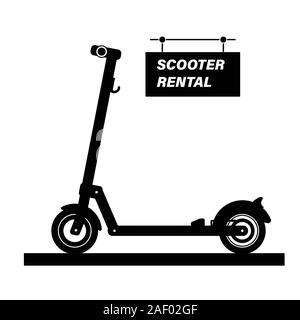 Electric kick scooter rental sign drawn in line art style. Stock Vector