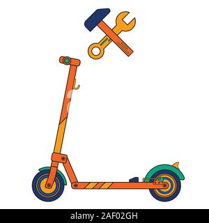 Electric scooter repair sign on a white background drawn in a flat style Stock Vector