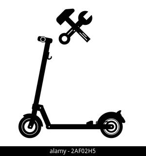 Electric scooter repair sign on a white background drawn in silhouette style Stock Vector