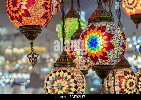 Traditional old turkish lamp. Oriental lamp from pieces of multi-colored glass. Stock Photo