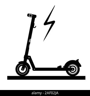 Modern electric scooter on a white background drawn in a silhouette style with a lighting sign. Stock Vector