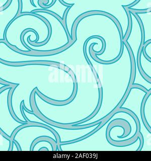 Seamless vector turquiose pattern of spirals and waves.texture for textile and packaging. Background from abstract elements separated by a gray line. Stock Vector