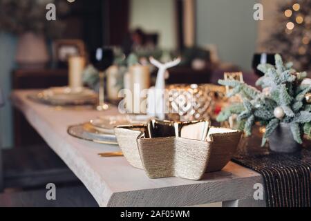 Beautiful table is setting for Christmas dinner Stock Photo