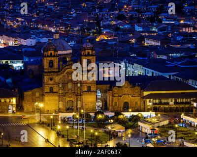 CUSCO, PERU - CIRCA SEPTEMBER 2019:  Night view of the Plaza de Armas and Church in Cusco. Stock Photo