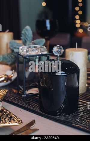 Beautiful Christmas decor on the holiday table Stock Photo