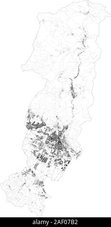 Satellite map of province of Prato, towns and roads, buildings and connecting roads of surrounding areas. Tuscany, Italy. Map roads, ring roads Stock Vector