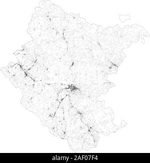 Satellite map of province of Arezzo, towns and roads, buildings and connecting roads of surrounding areas. Tuscany, Italy. Map roads, ring roads Stock Vector