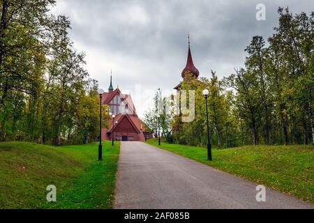 The church of Kiruna, Sweden. Built in Gothic Revival style at the beginning of the XIX century, it is one of the largest wooden building. Stock Photo