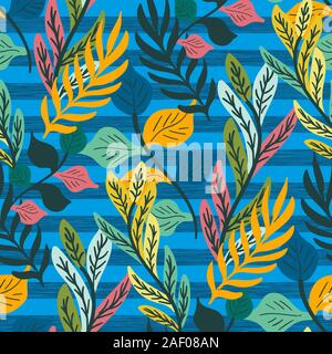 Colorful tropical leaf and fern seamless pattern Stock Vector