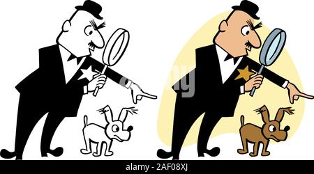 An inspector with a magnifying glass searches for clues. Stock Vector