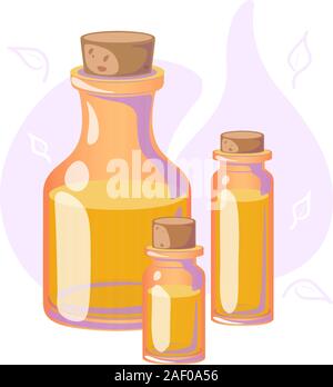 Massage oil for beauty, spa salon. Essential fragrance aromatherapy. Wellness perfume Cosmetics product. Herbal Alternative therapy concept. Ayurveda Vector illustration Isolated on white background. Stock Vector
